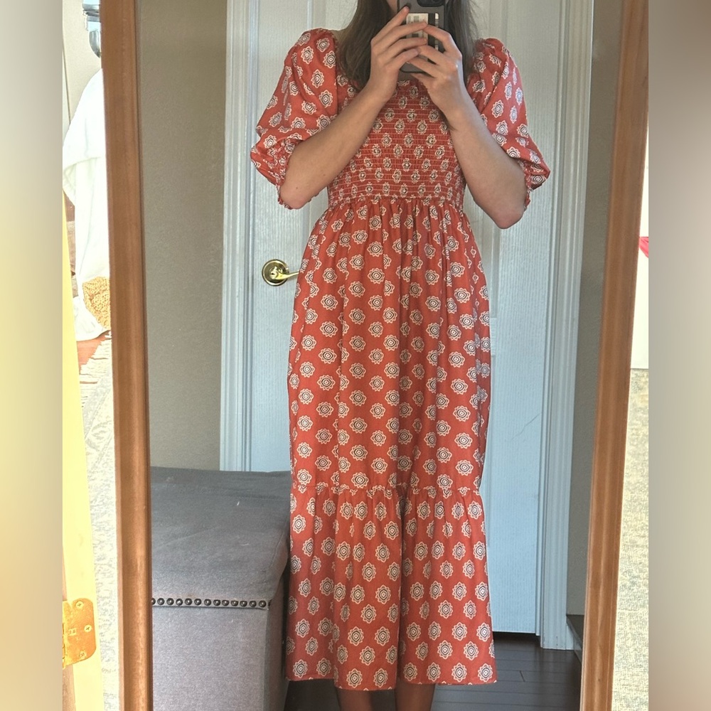 Rust Floral Smocked Midi Dress - Women